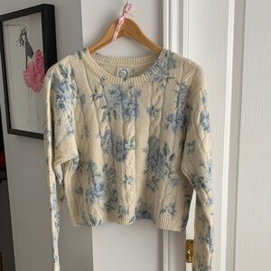 Blue Rain Floral Cable Knit Sweater - Cream and Blue